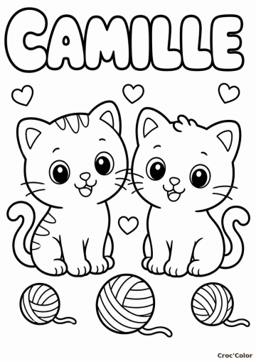 Coloriage Prénom Camille Facile Maternelle - Dessin Chatons et Pelotes à Imprimer Gratuit