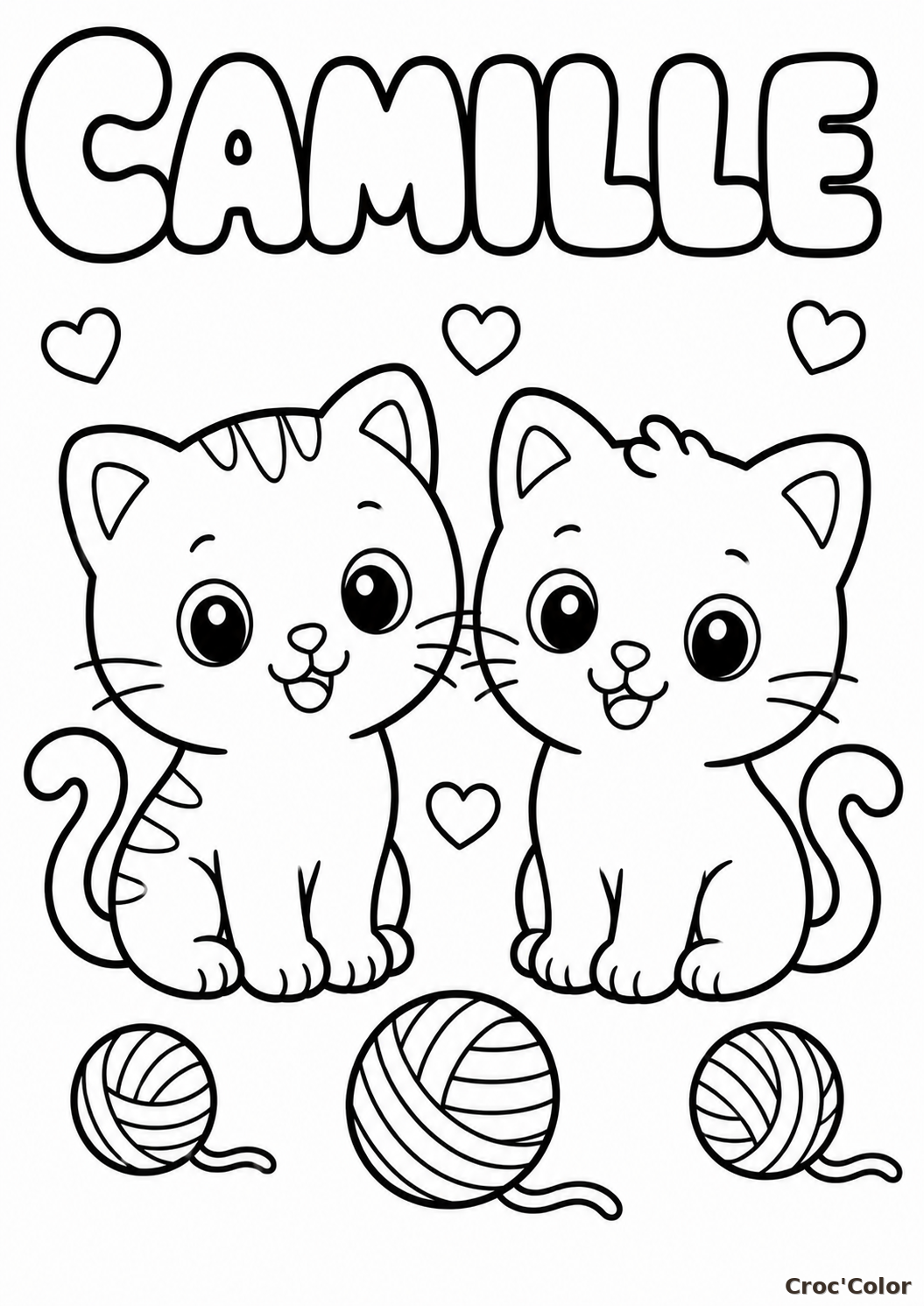 Coloriage Prénom Camille Facile Maternelle - Dessin Chatons et Pelotes à Imprimer Gratuit