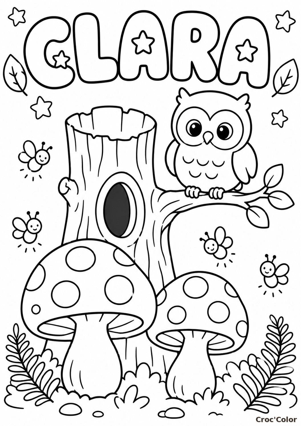Coloriage Prénom Clara Personnalisé - Dessin Chouette, Arbre à Creux, Champignons et Lucioles à Imprimer Gratuit