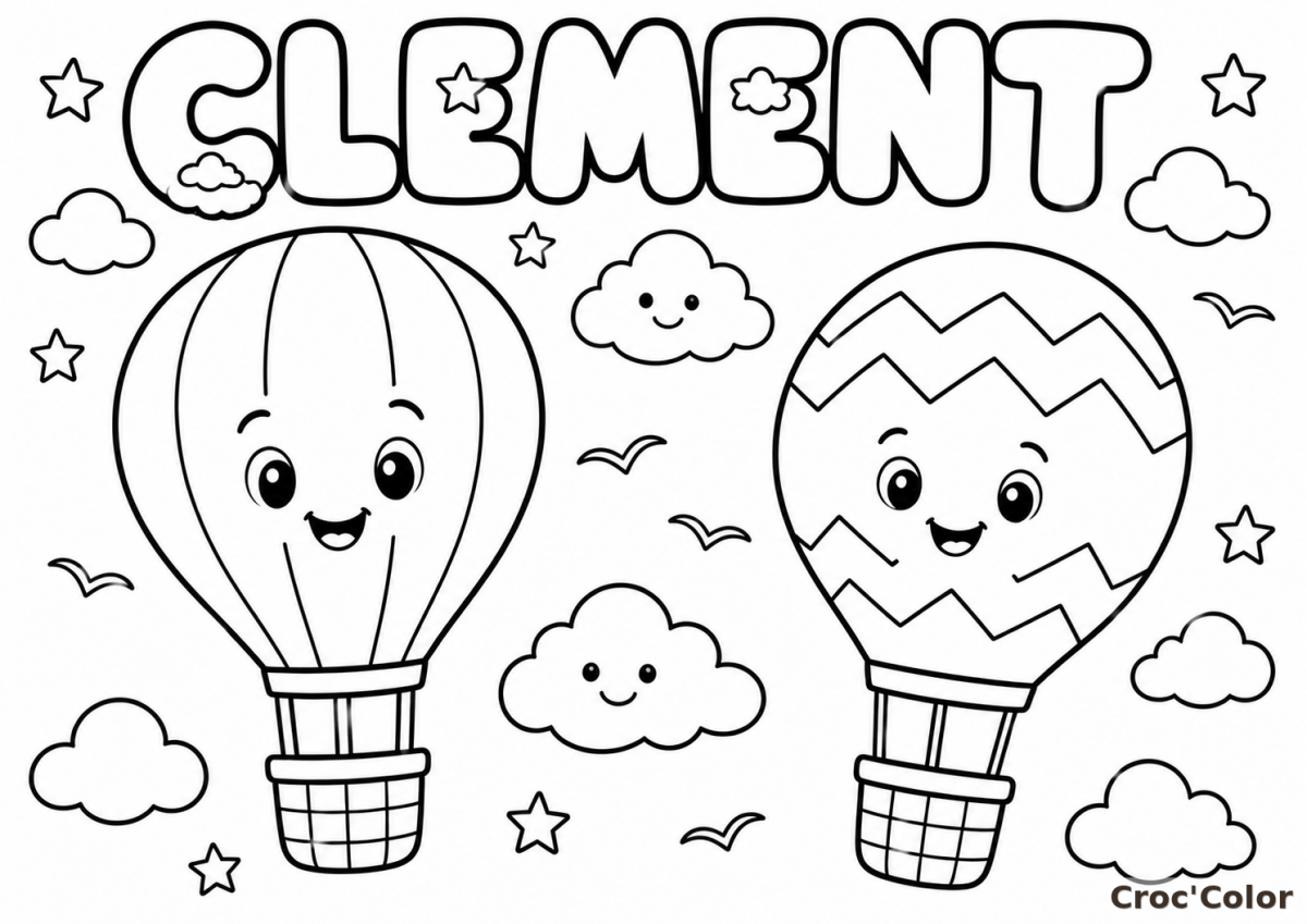 Coloriage Prénom Clément et Montgolfières - Dessin Prénom Personnalisé, Montgolfières Kawaii, Nuages et Étoiles à Imprimer Gratuit