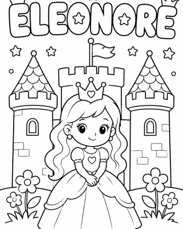 Coloriage Prénom Éléonore Facile Maternelle - Dessin Princesse et Château à Imprimer Gratuit