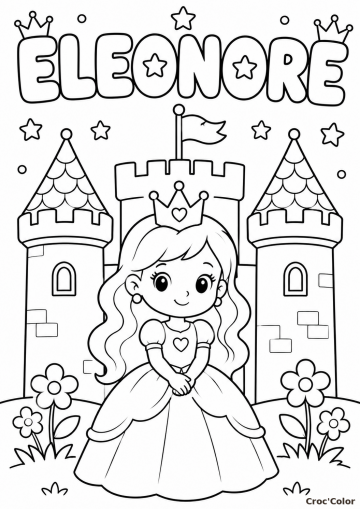 Coloriage Prénom Éléonore Facile Maternelle - Dessin Princesse et Château à Imprimer Gratuit