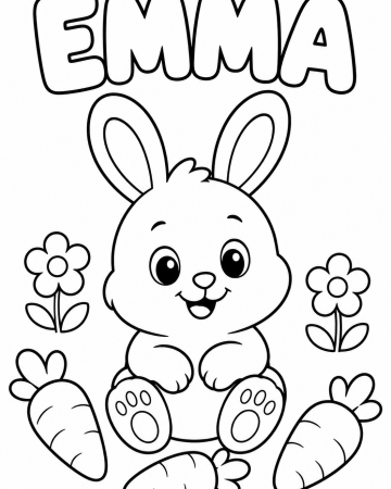 Coloriage Prénom Emma Facile Maternelle - Dessin Lapin et Carottes à Imprimer Gratuit