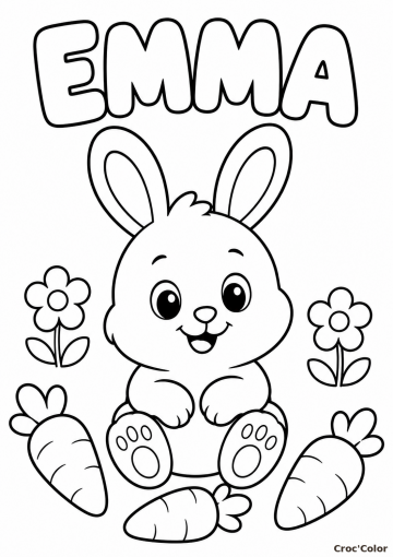 Coloriage Prénom Emma Facile Maternelle - Dessin Lapin et Carottes à Imprimer Gratuit