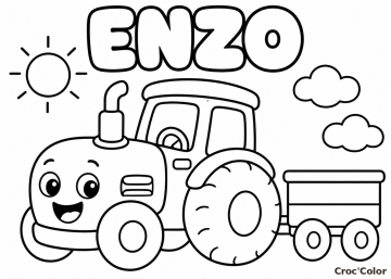 Coloriage Prénom Enzo avec Tracteur - Dessin Prénom Personnalisé Garçon à Imprimer Gratuit