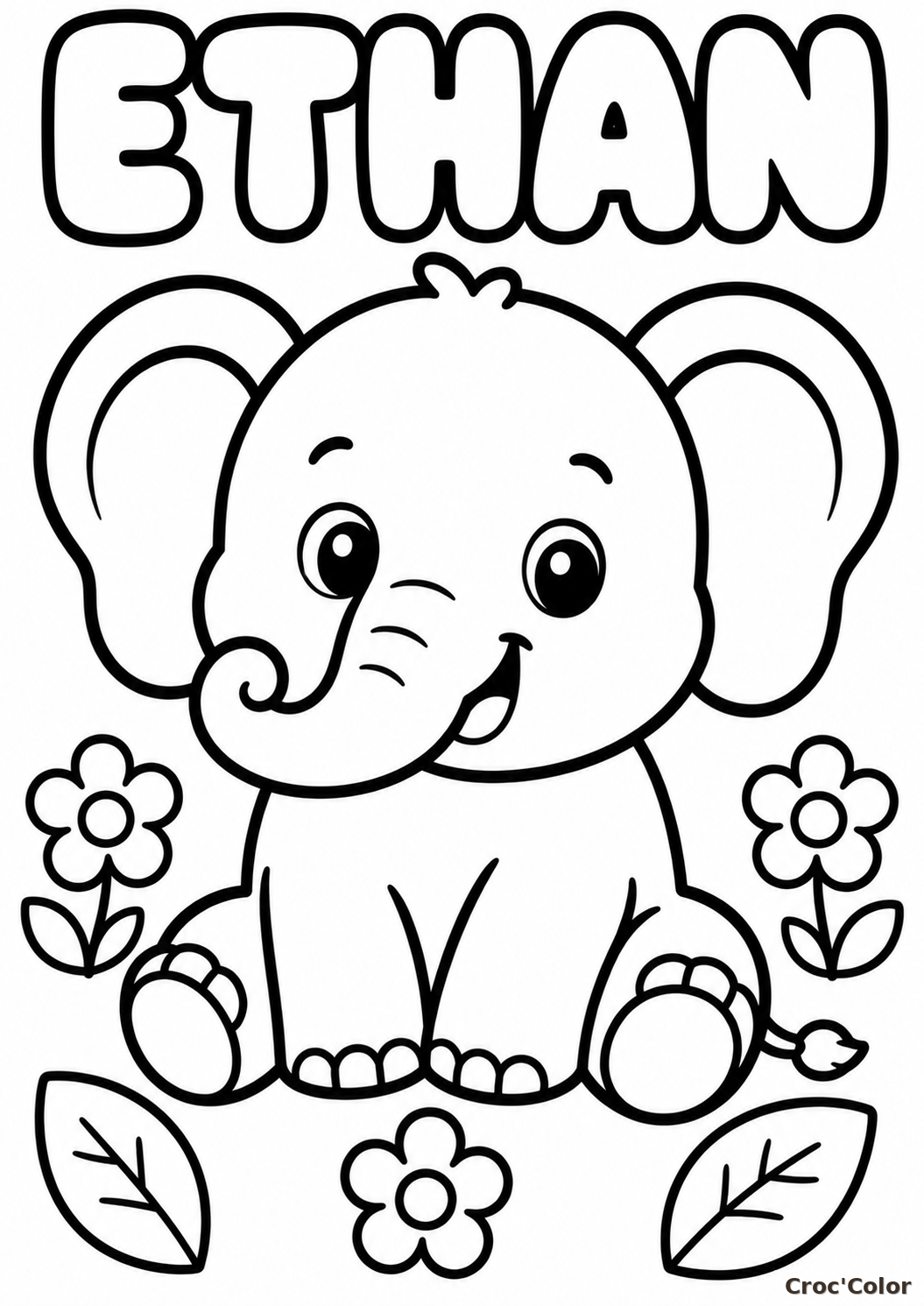 Coloriage Prénom Ethan avec Bébé Éléphant - Dessin Prénom Personnalisé, Éléphantou et Fleurs à Imprimer Gratuit