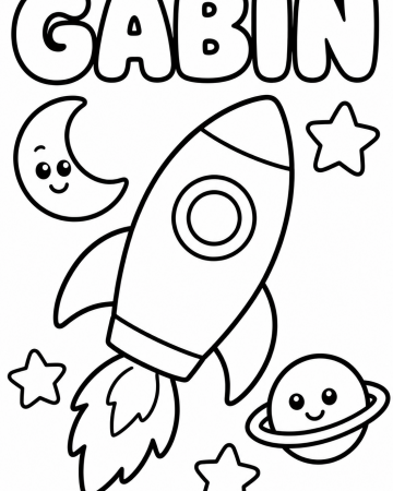 Coloriage Prénom Gabin Facile Maternelle - Dessin Fusée Espace et Planètes à Imprimer Gratuit