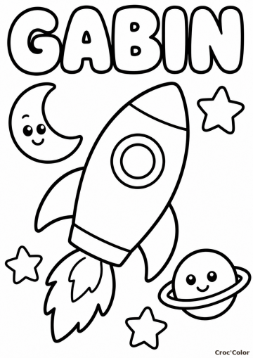 Coloriage Prénom Gabin Facile Maternelle - Dessin Fusée Espace et Planètes à Imprimer Gratuit