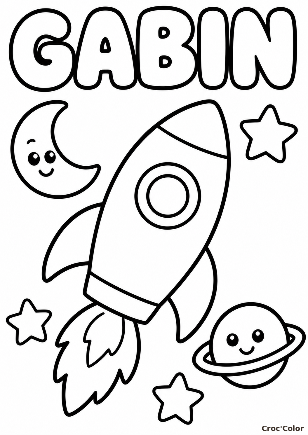 Coloriage Prénom Gabin Facile Maternelle - Dessin Fusée Espace et Planètes à Imprimer Gratuit