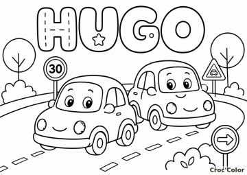 Coloriage Prénom Hugo Facile Maternelle - Dessin Voiture et Route à Imprimer Gratuit