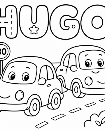 Coloriage Prénom Hugo Facile Maternelle - Dessin Voiture et Route à Imprimer Gratuit
