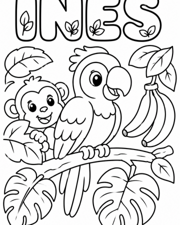 Coloriage Prénom Inès Facile Maternelle - Dessin Perroquet et Singe Jungle à Imprimer Gratuit
