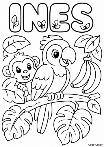 Coloriage Prénom Inès Facile Maternelle - Dessin Perroquet et Singe Jungle à Imprimer Gratuit