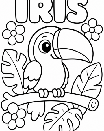 Coloriage Prénom Iris Facile Maternelle - Dessin Toucan et Fleurs Tropicales à Imprimer Gratuit