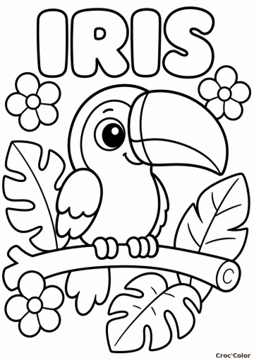 Coloriage Prénom Iris Facile Maternelle - Dessin Toucan et Fleurs Tropicales à Imprimer Gratuit