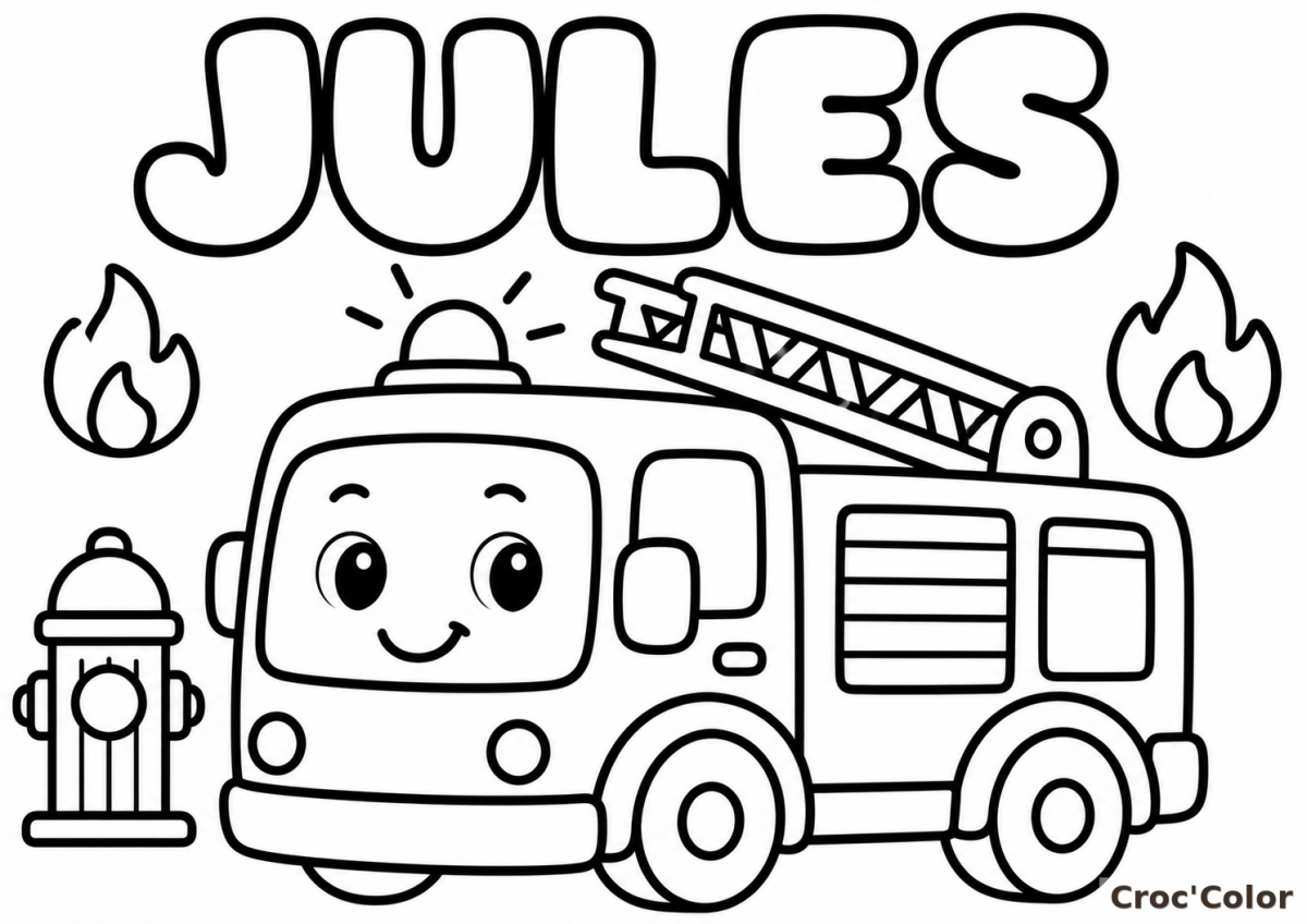 Coloriage Prénom Jules Facile Maternelle - Dessin Camion de Pompiers à Imprimer Gratuit