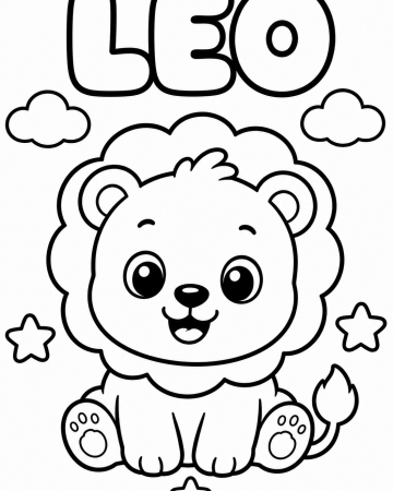 Coloriage Prénom Léo Facile Maternelle - Dessin Lionceau Kawaii à Imprimer Gratuit