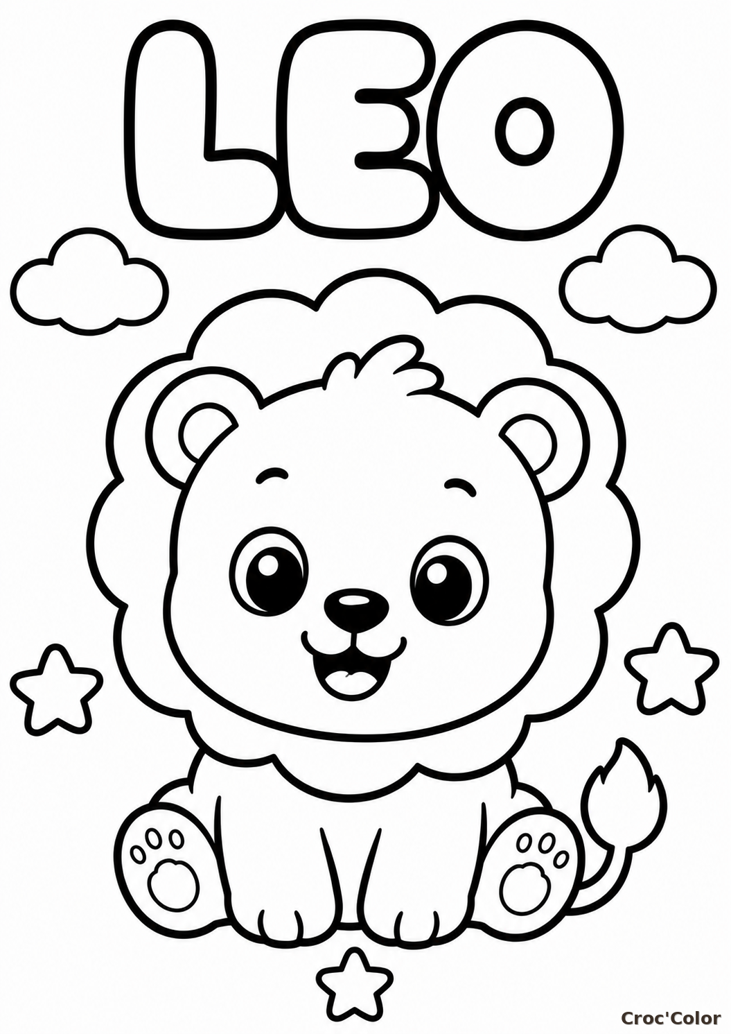 Coloriage Prénom Léo Facile Maternelle - Dessin Lionceau Kawaii à Imprimer Gratuit