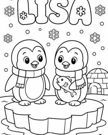 Coloriage Prénom Lisa Facile Maternelle - Dessin Pingouins et Igloo Banquise à Imprimer Gratuit