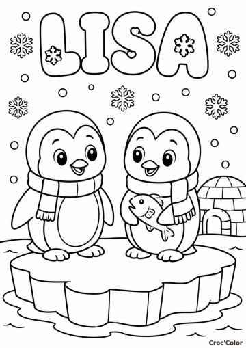 Coloriage Prénom Lisa Facile Maternelle - Dessin Pingouins et Igloo Banquise à Imprimer Gratuit