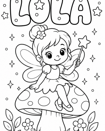 Coloriage Prénom Lola Facile Maternelle - Dessin Fée et Champignon Magique à Imprimer Gratuit