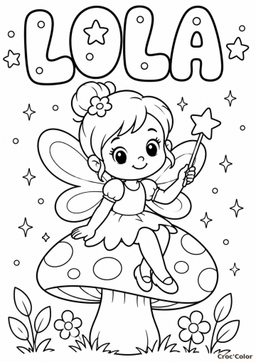 Coloriage Prénom Lola Facile Maternelle - Dessin Fée et Champignon Magique à Imprimer Gratuit