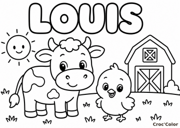 Coloriage Prénom Louis Facile Maternelle - Dessin Vache et Poussin à la Ferme à Imprimer Gratuit