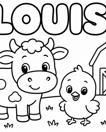 Coloriage Prénom Louis Facile Maternelle - Dessin Vache et Poussin à la Ferme à Imprimer Gratuit