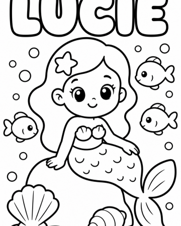 Coloriage Prénom Lucie Facile Maternelle - Dessin Sirène et Poissons à Imprimer Gratuit