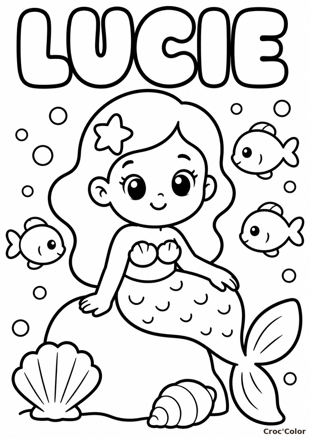 Coloriage Prénom Lucie Facile Maternelle - Dessin Sirène et Poissons à Imprimer Gratuit