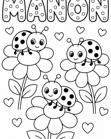 Coloriage Prénom Manon Facile Maternelle - Dessin Coccinelles et Fleurs à Imprimer Gratuit