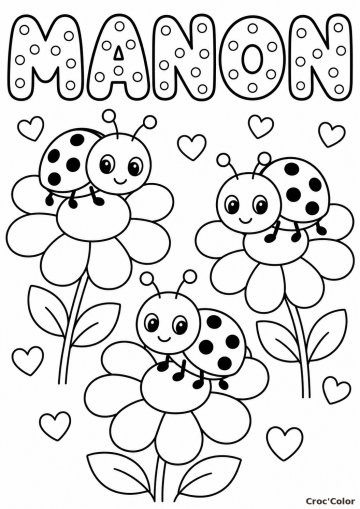 Coloriage Prénom Manon Facile Maternelle - Dessin Coccinelles et Fleurs à Imprimer Gratuit