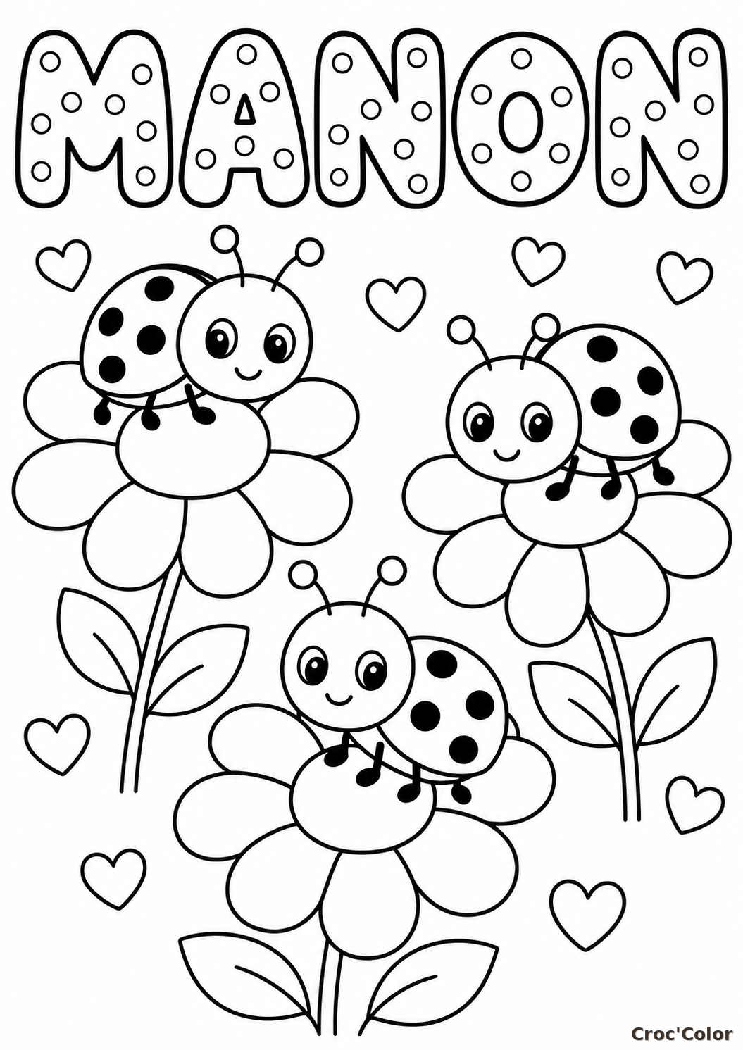 Coloriage Prénom Manon Facile Maternelle - Dessin Coccinelles et Fleurs à Imprimer Gratuit