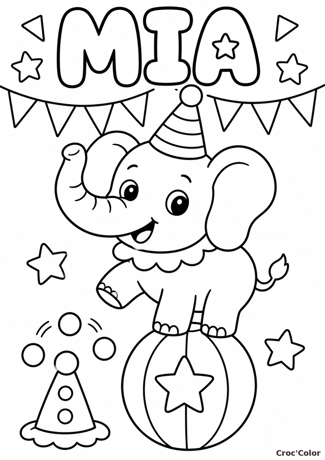 Coloriage Prénom Mia avec un Petit Éléphant Facile - Dessin Prénom Personnalisé de Cirque à Imprimer Gratuit