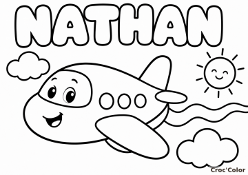 Coloriage Prénom Nathan Facile Maternelle - Dessin Avion Cartoon dans le Ciel à Imprimer Gratuit