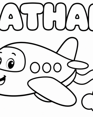 Coloriage Prénom Nathan Facile Maternelle - Dessin Avion Cartoon dans le Ciel à Imprimer Gratuit