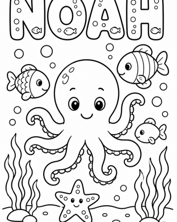 Coloriage Prénom Noah Facile Maternelle - Dessin Pieuvre et Poissons sous la Mer à Imprimer Gratuit