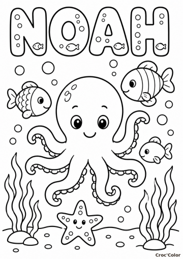 Coloriage Prénom Noah Facile Maternelle - Dessin Pieuvre et Poissons sous la Mer à Imprimer Gratuit