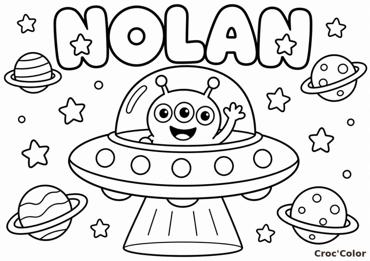 Coloriage Prénom Nolan Facile Maternelle - Dessin Extraterrestre et Soucoupe Volante à Imprimer Gratuit