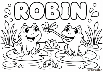 Coloriage Prénom Robin Facile Maternelle - Dessin Grenouilles et Mare à Imprimer Gratuit