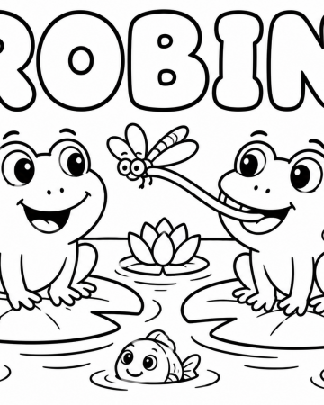 Coloriage Prénom Robin Facile Maternelle - Dessin Grenouilles et Mare à Imprimer Gratuit