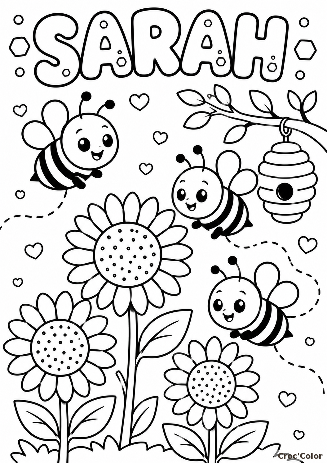 Coloriage Prénom Sarah Personnalisé - Dessin Abeilles Mignonnes, Tournesols, Ruche et Cœurs à Imprimer Gratuit