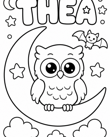 Coloriage Prénom Théa Facile Maternelle - Dessin Chouette et Lune à Imprimer Gratuit