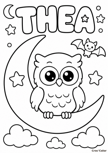 Coloriage Prénom Théa Facile Maternelle - Dessin Chouette et Lune à Imprimer Gratuit