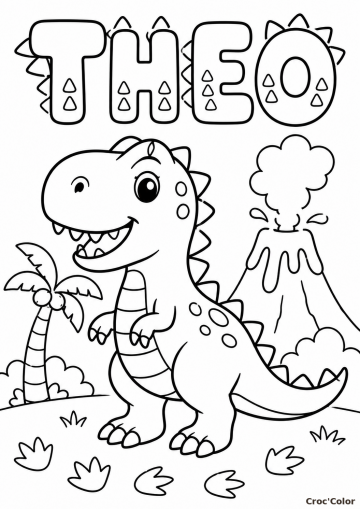 Coloriage Prénom Théo Facile Maternelle - Dessin Dinosaure et Volcan à Imprimer Gratuit