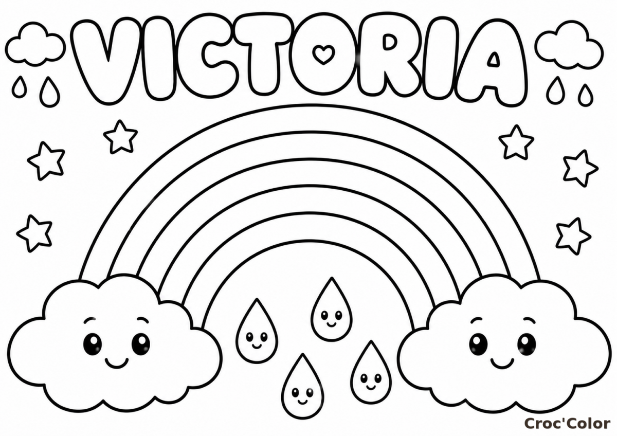 Coloriage Prénom Victoria Facile Maternelle - Dessin Arc-en-Ciel et Nuages à Imprimer Gratuit