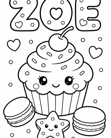 Coloriage Prénom Zoé Facile Maternelle - Dessin Cupcake et Macarons Kawaii à Imprimer Gratuit