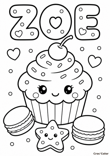 Coloriage Prénom Zoé Facile Maternelle - Dessin Cupcake et Macarons Kawaii à Imprimer Gratuit