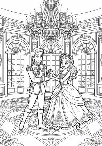 Coloriage Prince et Princesse Valse de Bal - Dessin Château Grand Lustre à Imprimer