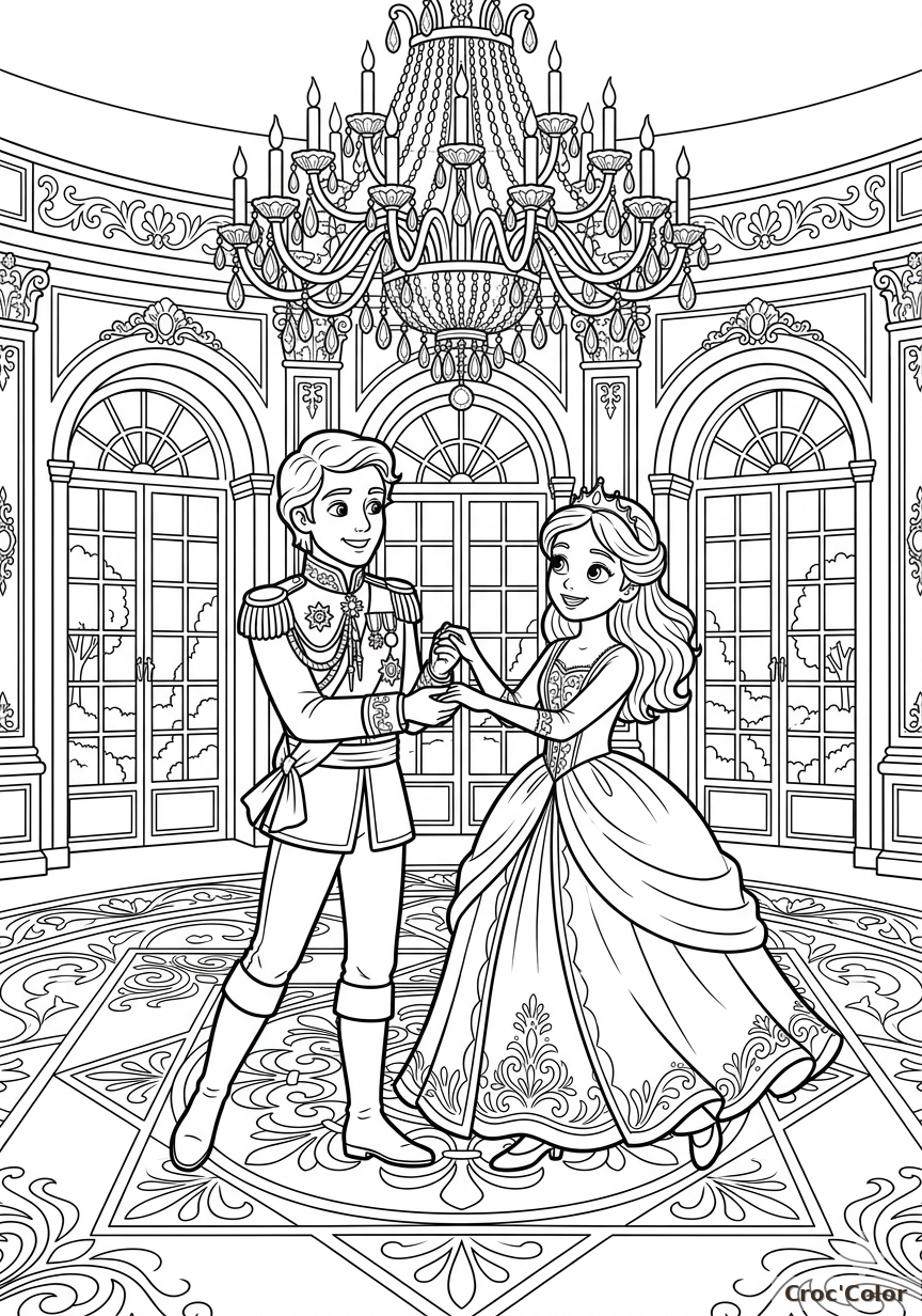 Coloriage Prince et Princesse Valse de Bal - Dessin Château Grand Lustre à Imprimer
